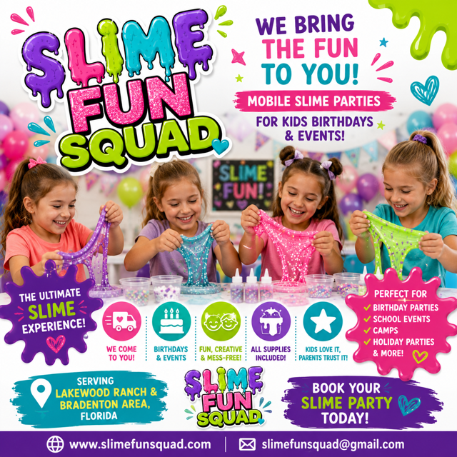 Kids stretching bright neon slime at a birthday party
