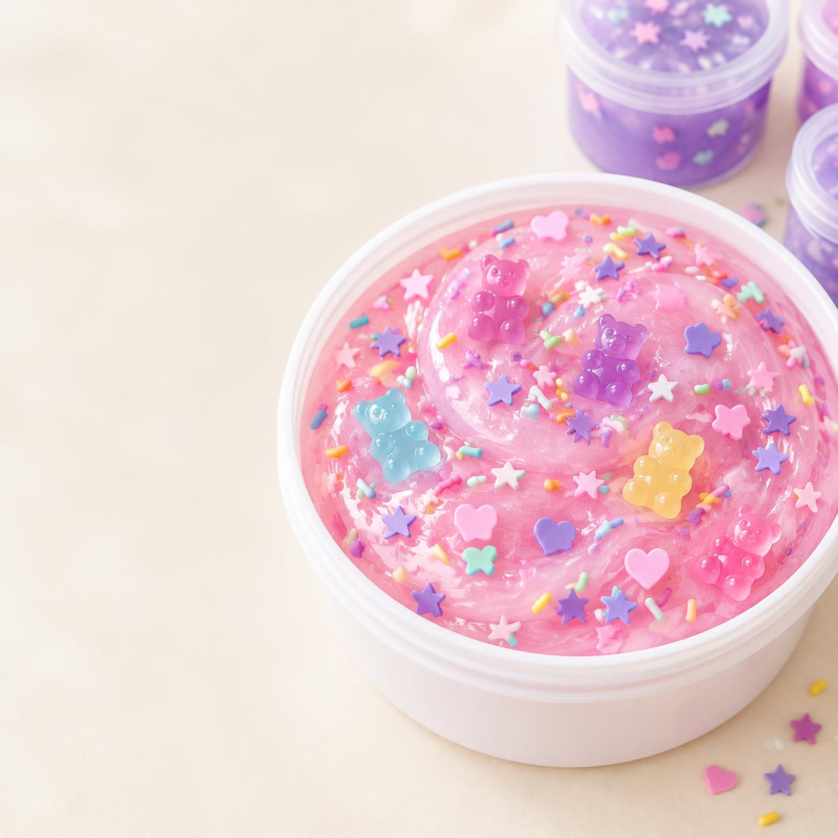 Glossy pink slime with candy charms in a take-home tub